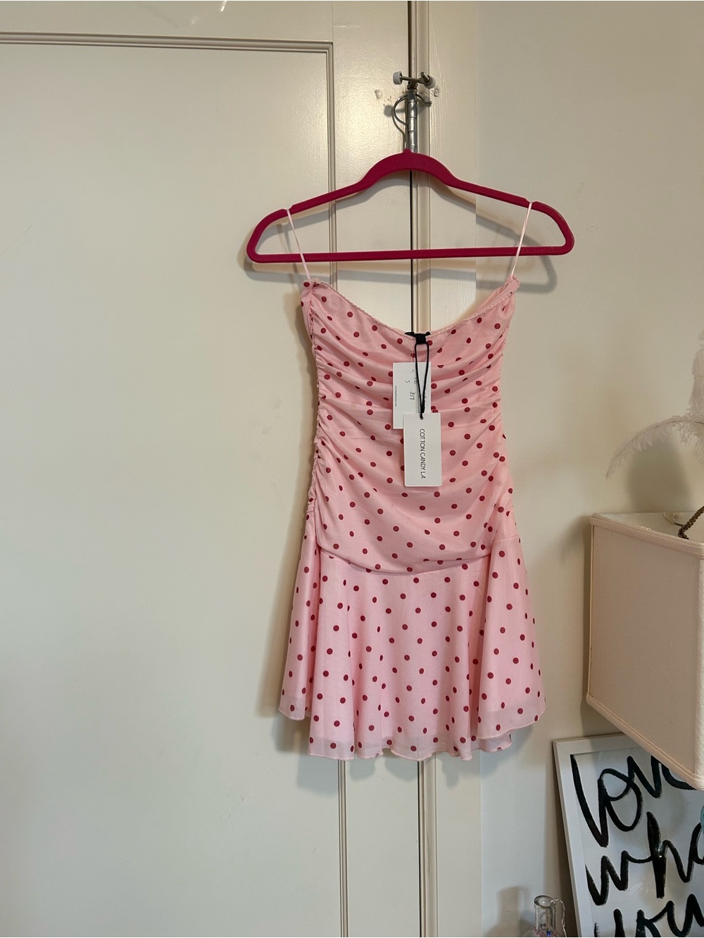 Cotton Candy Pink Polka-Dot Strapless Mini Dress